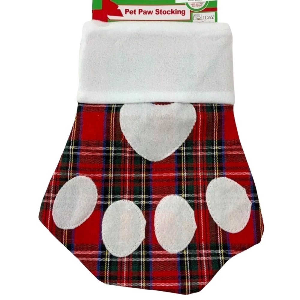 Pet Christmas Holiday Stocking Pet Paw Tartan Plaid Red White Multicolor